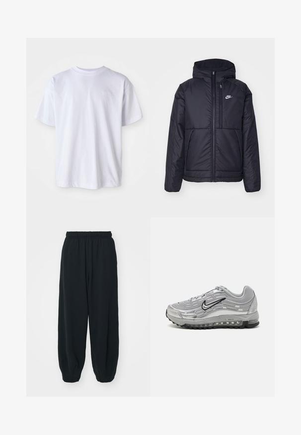Melna, pufota Nike jaka ar priekšējo rāvējslēdzēju un kapuci. Iezīmēta ar baltu logotipu uz kreisās krūtis un divām priekšējām kabatām. Gluda ārējā tekstūra.; Balta kokvilnas T-kreklā ar apaļu kakla izgriezumu un īsām piedurknēm. Uz kreisā krūšu daļas ir izšūta logo, kas izpildīts atbilstošā krāsā.; Melnas sporta bikses ar elastīgu jostasvietu, brīvu piegriezumu, aprocēm ap potītēm, gludu tekstūru, un bez redzamām rakstu vai aparatūras akcentiem.; Pelēkie Nike Air Max sporta apavi ar sietu un sintētisku augšdaļu, viļņveida dizainu, melniem akcentiem un redzamu gaisa amortizācijas vienību.