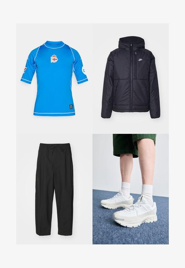 Fekete, párnázott Nike dzseki elülső cipzárral és kapucnival. A bal mellen fehér logó található, valamint két elülső zseb. Simának tűnő külső felület.; Kék rövid ujjú sportpóló magas nyakrésszel, a mellrészen logóval és kontrasztos fehér varrással a varratok mentén.; Fekete nadrág, elasztikus derékkal, zsinóros záródással és laza szabással. Simább anyagból készült, minimalista dizájnnal.; Fehér sportcipők texturált burkolattal, vastag talppal és szürke részletekkel. Fehér sportzoknival és zöld rövidnadrággal viselve, kék felületen.