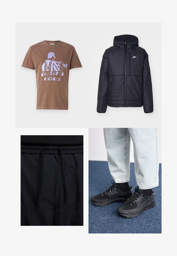 Black, padded Nike jacket with a front zipper and hood. Features a white logo on the left chest and dual front pockets. Smooth exterior texture.; Brown cotton t-shirt with short sleeves featuring a white graphic of a musician playing trumpet and the text "KID SUPER RECORDS."; Black shorts featuring a drawstring waistband, lightweight fabric with a smooth texture, and a simple design without visible logos or patterns.; Black athletic shoes with textured fabric and rubber soles, featuring elastic laces and a blue accent on the heel. Worn with light denim pants.