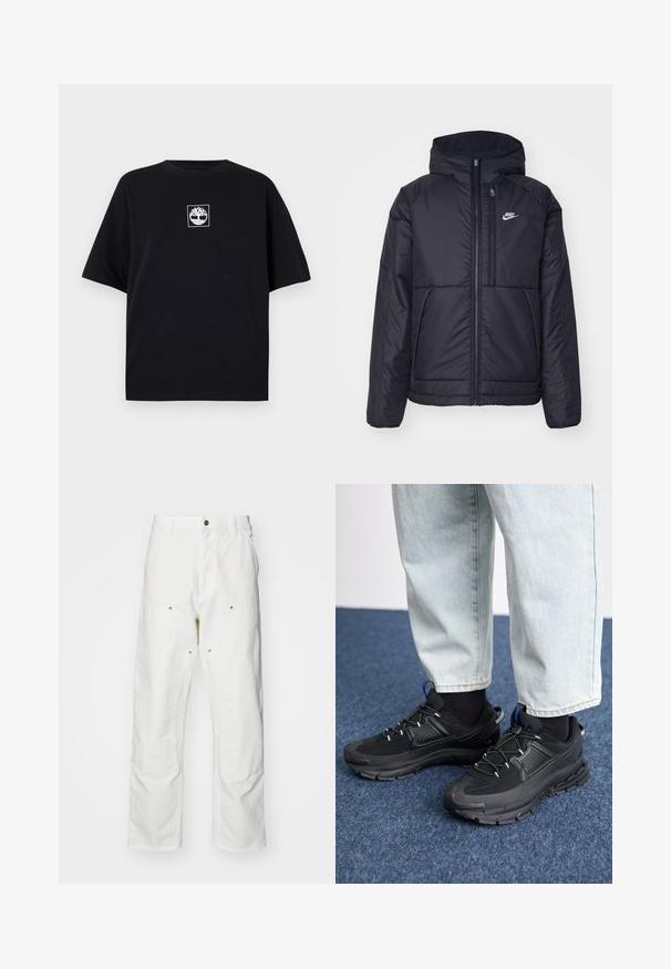 Casaco Nike preto, acolchoado, com fecho à frente e capuz. Apresenta um logo branco no lado esquerdo do peito e dois bolsos frontais. Textura exterior lisa.; T-shirt de algodão preto com um ajuste descontraído, apresentado um estampado em branco em forma de quadrado com uma árvore no peito. Design de mangas curtas e decote redondo.; Calças cargo brancas em algodão com um corte descontraído. As características incluem bolsos frontais, detalhes em metal dourado e áreas de joelhos reforçadas.; Sapatilhas desportivas pretas com tecido texturizado e solas em borracha, apresentando atacadores elásticos e um detalhe azul no calcanhar. Usadas com calças de ganga claras.