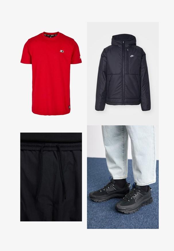 Czarna, pikowana kurtka Nike z przednim zamkiem błyskawicznym i kapturem. Posiada białe logo po lewej stronie klatki piersiowej oraz podwójne kieszenie z przodu. Gładka struktura zewnętrzna.; Czerwona bawełniana koszulka z okrągłym dekoltem, krótkimi rękawami oraz małym czarnym logo na lewej piersi i rękawie. Gładki materiał w jednolitym kolorze.; Czarne szorty z elastycznym paskiem na sznurku, lekkiego materiału o gładkiej fakturze oraz prostym wzornictwie bez widocznych logo czy wzorów.; Czarne buty sportowe z teksturowanej tkaniny i gumowymi podeszwami, z elastycznymi sznurówkami i niebieskim akcentem na pięcie. Noszone z jasnymi dżinsami.