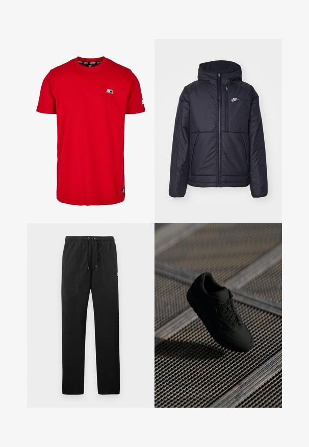 Fekete, párnázott Nike dzseki elülső cipzárral és kapucnival. A bal mellen fehér logó található, valamint két elülső zseb. Simának tűnő külső felület.; Piros pamut póló, kerek nyakkivágással, rövid ujakkal, és egy kis fekete logóval a bal mellrészen és az ujján. Sima, egyszínű anyag.; Fekete, bolyhos anyagú melegítők, elasztikus derékkal és húzózsinórral, két elülső zsebbel és egy kisméretű logóval a combján.; Fekete sneaker sima felülettel, kerek orral, fűzős elülső résszel és diszkrét logóval. Textúrázott, ipari háttér előtt bemutatva.