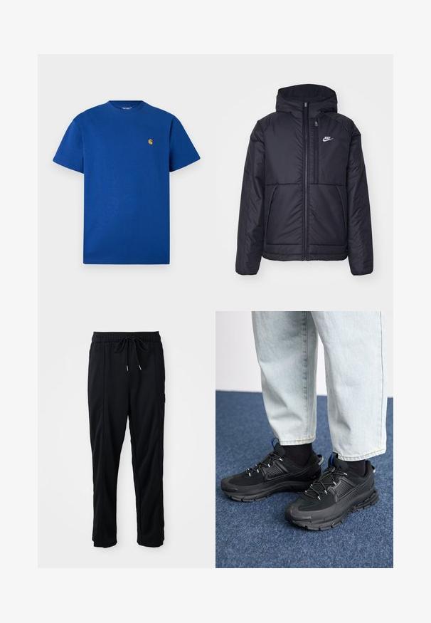 Must musta Nike jope, millel on ees lukuga avamine ja kapuuts. Vasakpoolne rind on kaunistatud valge logoga ning ees on kaks taskut. Sile välimine tekstuur.; Sinine puuvillane T-särk ümmarguse kaelusega, lühikeste varrukatega ja väikese kuldse logoga rinnal. Sile tekstuur ja juhuslik sobivus.; Mustad nööridega vööga igapäevased mustad püksid, külgseamipocketid ja sirge sääre lõikega, ühtlasel taustal.; Mustad mustad jooksukingad, millel on tekstureeritud kangas ja kummist tallad, elastsed nöörid ning sinine aksent kandadel. Kandmine heledate teksadega.