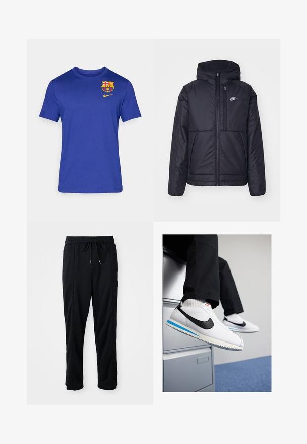 Must musta Nike jope, millel on ees lukuga avamine ja kapuuts. Vasakpoolne rind on kaunistatud valge logoga ning ees on kaks taskut. Sile välimine tekstuur.; Sinine lühikeste varrukatega T-särk, valmistatud pehmest kangast, millel on Barcelonat logo ja kollane Nike swoosh rinna piirkonnas.; Mustad nööridega vööga igapäevased mustad püksid, külgseamipocketid ja sirge sääre lõikega, ühtlasel taustal.; Valged nahast tossud musta Nike'i logoga, helesinise ja halli kummist tallaga ning klassikalise lipsuvariantiga. Jalad restingud dokumendikapil.