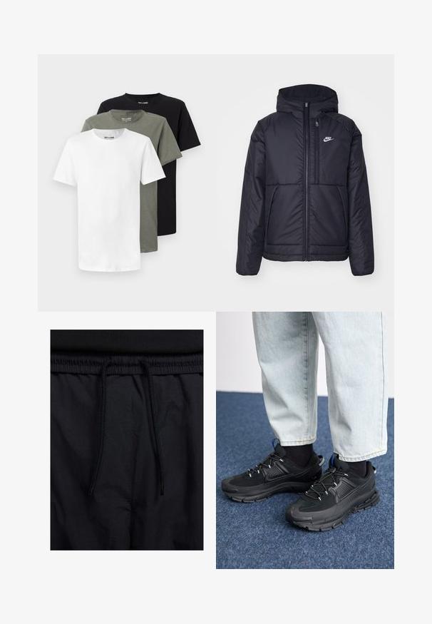 Melna, pufota Nike jaka ar priekšējo rāvējslēdzēju un kapuci. Iezīmēta ar baltu logotipu uz kreisās krūtis un divām priekšējām kabatām. Gluda ārējā tekstūra.; Trīs apģērba kreklu ar apaļu kakla izgriezumu baltā, olīvu zaļā un melnā krāsā. Izgatavoti no mīksta kokvilnas, ar īsām piedurknēm un brīvu piegriezumu.; Melni šorti ar sašūtu jostu, viegls audums ar gludu tekstūru un vienkāršs dizains bez redzamiem logotipiem vai paraugiem.; Melni sporta apavi ar strukturētu audumu un gumijas zoli, ar elastīgām auklām un zilu akcentu uz papēža. Nēsāti ar gaišām džinsu biksēm.