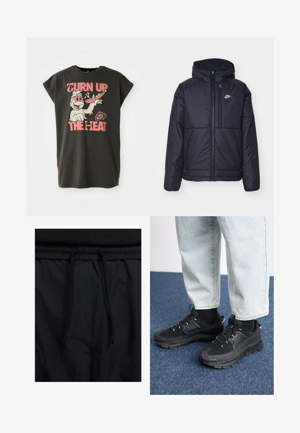 Casaco Nike preto, acolchoado, com fecho à frente e capuz. Apresenta um logo branco no lado esquerdo do peito e dois bolsos frontais. Textura exterior lisa.; T-shirt oversized preto com mangas curtas, apresentando um gráfico colorido de um personagem, o texto "AUMENTE O CALOR" e o logótipo da Nike.; Calções pretos com um cós elástico ajustável, fabricados em tecido leve com uma textura suave e um design simples, sem logótipos ou padrões visíveis.; Sapatilhas desportivas pretas com tecido texturizado e solas em borracha, apresentando atacadores elásticos e um detalhe azul no calcanhar. Usadas com calças de ganga claras.