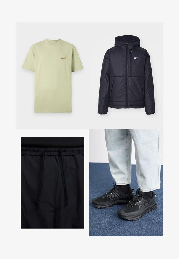 Crna Nike jakna s podstavom, dugmadi sprijeda i kapuljačom. Ima bijeli logotip na lijevoj strani prsnog koša i dva prednja džepa. Glatka vanjska tekstura.; Svijetlozeleni pamučni majica s kratkim rukavima i okruglim izrezom. Ima mali narančasti i crveni logo na gornjem lijevom dijelu prsnog koša.; Crne kratke hlače s pojasom na vezanje, lagani materijal s glatkom teksturom i jednostavan dizajn bez vidljivih logotipa ili uzoraka.; Crne atletske cipele s teksturiranom tkaninom i gumene potplate, s elastičnim vezicama i plavim akcentom na peti. Nosene su s svijetlim trapericama.