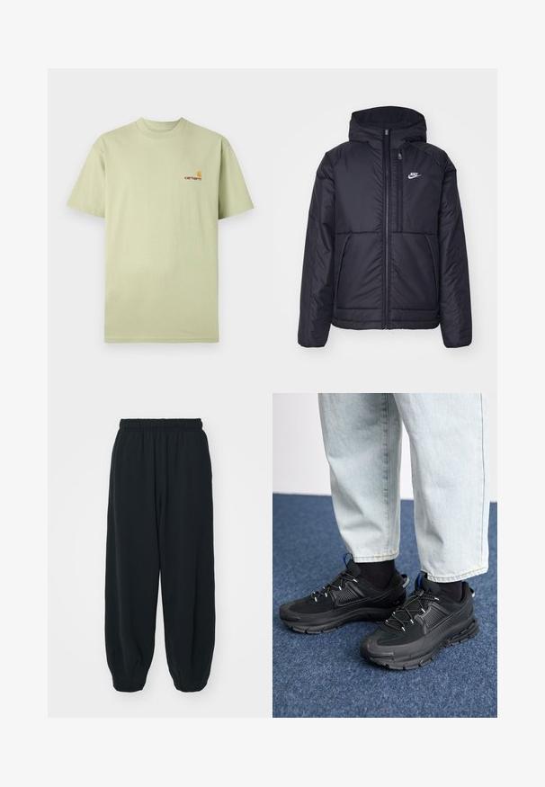 Crna Nike jakna s podstavom, dugmadi sprijeda i kapuljačom. Ima bijeli logotip na lijevoj strani prsnog koša i dva prednja džepa. Glatka vanjska tekstura.; Svijetlozeleni pamučni majica s kratkim rukavima i okruglim izrezom. Ima mali narančasti i crveni logo na gornjem lijevom dijelu prsnog koša.; Crne, dukserice s elastičnim strukom, širokog kroja, s manžetama na gležnjevima, glatke teksture i bez vidljivih uzoraka ili metalnih detalja.; Crne atletske cipele s teksturiranom tkaninom i gumene potplate, s elastičnim vezicama i plavim akcentom na peti. Nosene su s svijetlim trapericama.