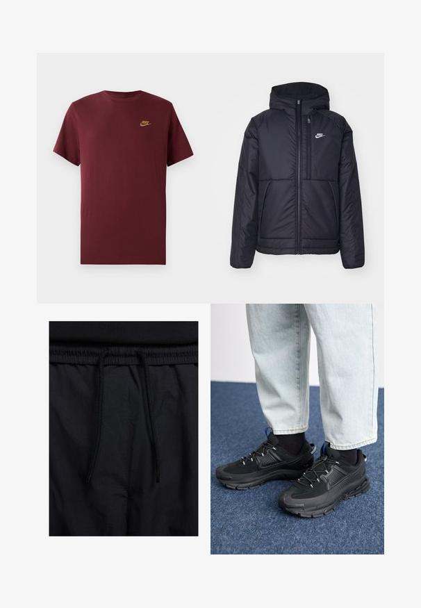Melna, pufota Nike jaka ar priekšējo rāvējslēdzēju un kapuci. Iezīmēta ar baltu logotipu uz kreisās krūtis un divām priekšējām kabatām. Gluda ārējā tekstūra.; Vīna sarkanā īsām piedurknēm Nike T-kreklā ar zelta Nike logo pa kreisi uz krūšu, vienkāršs apļa kakla dizains, attēlots uz baltā fona.; Melni šorti ar sašūtu jostu, viegls audums ar gludu tekstūru un vienkāršs dizains bez redzamiem logotipiem vai paraugiem.; Melni sporta apavi ar strukturētu audumu un gumijas zoli, ar elastīgām auklām un zilu akcentu uz papēža. Nēsāti ar gaišām džinsu biksēm.