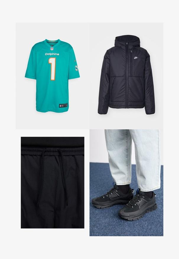 Čierna, polstrovaná bunda Nike so zipsom vpredu a kapucňou. Na ľavej strane hrude sa nachádza biele logo a sú tu dva predné vrecká. Hladký vonkajší povrch.; Dres Miami Dolphins v tehlovej farbe s oranžovými detailami, obsahujúci číslo "1" v bielej farbe. Vyrobený z ľahkej tkaniny s krátkymi rukávmi a bočnými sieťovinami.; Čierne šortky s pásom na stiahnutie, z ľahkej látky s hladkou textúrou a jednoduchým dizajnom bez viditeľných log alebo vzorov.; Čierne športové topánky s textúrovanou tkaninou a gumovou podrážkou, so elastickými šnúrkami a modrým akcentom na päte. Nosia sa s svetlými riflami.