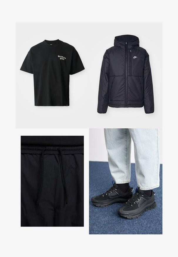 Svart, polstret Nike-jakke med frontglidelås og hette. Har en hvit logo på venstre bryst og doble frontlommer. Glatt ytterside.; Svart kortermet T-skjorte laget av bomull med løs passform. Har en hvit "Dickies"-logo på forsiden. Rund hals, ensfarget.; Sorte shorts med snor i livet, lett stoff med en jevn tekstur, og et enkelt design uten synlige logoer eller mønstre.; Svarte sportssko med teksturert stoff og gummisåler, med elastiske lisser og en blå detalj på hælen. Brukt med lyse denimbukser.