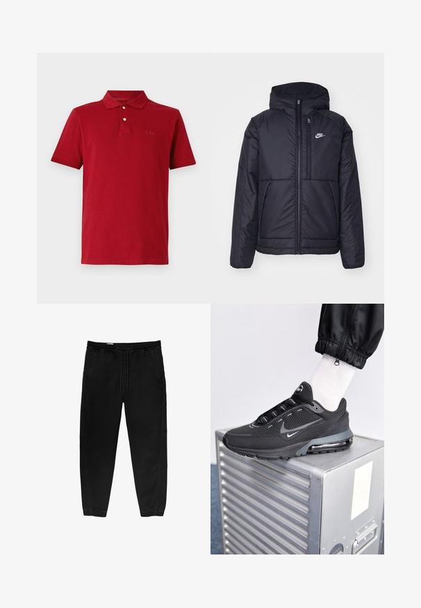 Czarna, pikowana kurtka Nike z przednim zamkiem błyskawicznym i kapturem. Posiada białe logo po lewej stronie klatki piersiowej oraz podwójne kieszenie z przodu. Gładka struktura zewnętrzna.; Czerwona bawełniana koszulka polo z klasycznym kołnierzykiem, krótkimi rękawami i subtelnym haftowanym logo na piersi. Gładka tekstura.; Czarne spodnie z elastycznym paskiem i sznurkiem, zwężane nogawki, boczne kieszenie oraz subtelne detale szwów po bokach. Miękka bawełniana tkanina.; Nike Sportswear PULSE czarny