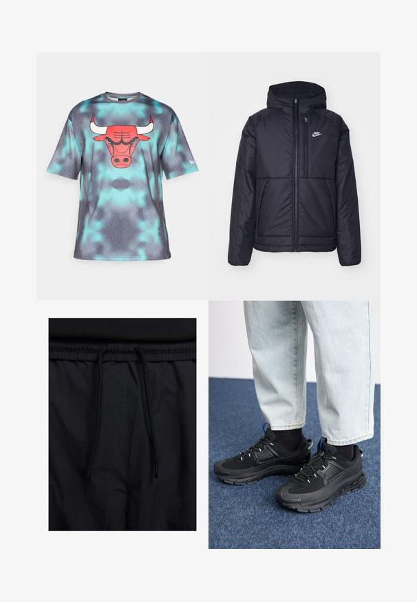 Svart, polstret Nike-jakke med frontglidelås og hette. Har en hvit logo på venstre bryst og doble frontlommer. Glatt ytterside.; Grå og teal tie-dye kortermet T-skjorte med et fremtredende rødt okse-motiv på forsiden, rund hals og myk tekstur.; Sorte shorts med snor i livet, lett stoff med en jevn tekstur, og et enkelt design uten synlige logoer eller mønstre.; Svarte sportssko med teksturert stoff og gummisåler, med elastiske lisser og en blå detalj på hælen. Brukt med lyse denimbukser.