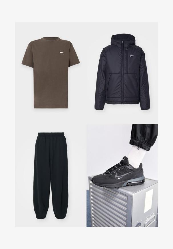 Zwarte, gewatteerde Nike-jas met een voorkant met ritssluiting en capuchon. Kenmerkt zich door een wit logo op de linkerborst en dubbele frontzakken. Gladde buitenkant.; Bruine katoenen t-shirt met een ronde hals en korte mouwen. Heeft een klein wit "OBEY" logo op de bovenste linkerkant van de borst.; Zwarte, elastiche sweatpants met een losse pasvorm, manchetten aan de enkels, een zachte textuur en zonder zichtbare patronen of hardwareaccenten.; Nike Sportswear PULSE - Sneakers laag - black/anthracite