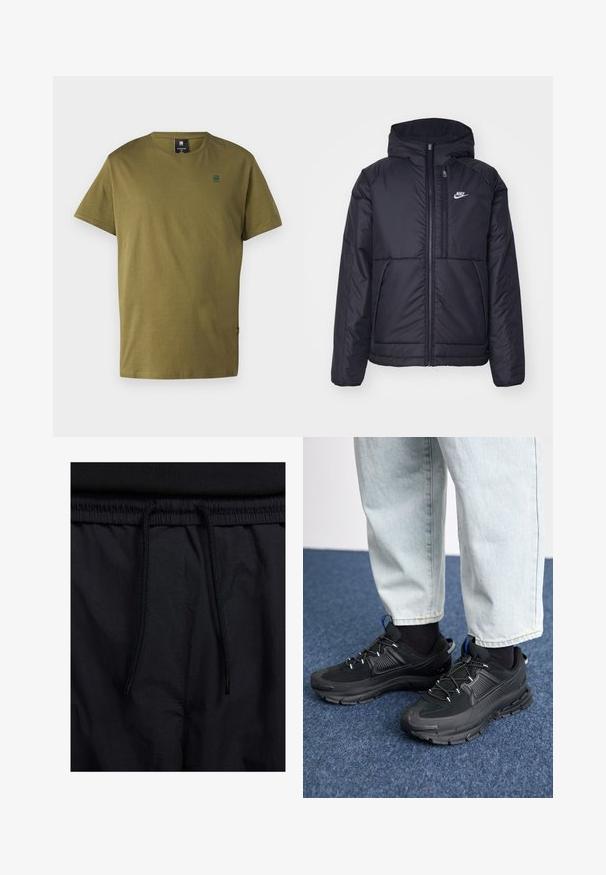 Czarna, pikowana kurtka Nike z przednim zamkiem błyskawicznym i kapturem. Posiada białe logo po lewej stronie klatki piersiowej oraz podwójne kieszenie z przodu. Gładka struktura zewnętrzna.; Oliwkowa koszulka bawełniana z okrągłym dekoltem, krótkimi rękawami i małym logo na klatce piersiowej. Miękka, gładka faktura, standardowy krój.; Czarne szorty z elastycznym paskiem na sznurku, lekkiego materiału o gładkiej fakturze oraz prostym wzornictwie bez widocznych logo czy wzorów.; Czarne buty sportowe z teksturowanej tkaniny i gumowymi podeszwami, z elastycznymi sznurówkami i niebieskim akcentem na pięcie. Noszone z jasnymi dżinsami.