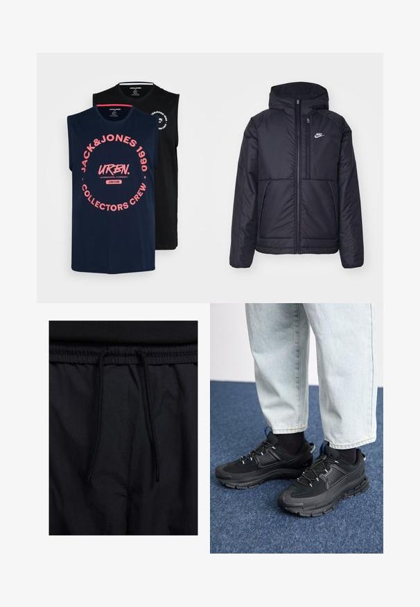 Black, padded Nike jacket with a front zipper and hood. Features a white logo on the left chest and dual front pockets. Smooth exterior texture.; Two sleeveless t-shirts in navy and black. Navy features pink circular graphic with "JACK&JONES 1990" text. Black has white logo on the chest.; Black shorts featuring a drawstring waistband, lightweight fabric with a smooth texture, and a simple design without visible logos or patterns.; Black athletic shoes with textured fabric and rubber soles, featuring elastic laces and a blue accent on the heel. Worn with light denim pants.