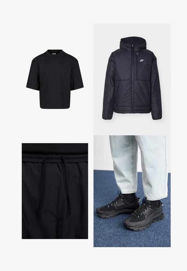 Black, padded Nike jacket with a front zipper and hood. Features a white logo on the left chest and dual front pockets. Smooth exterior texture.; Black cotton t-shirt with a round neckline, short sleeves, and an oversized fit. Smooth texture and minimalist design. No visible logos.; Black shorts featuring a drawstring waistband, lightweight fabric with a smooth texture, and a simple design without visible logos or patterns.; Black athletic shoes with textured fabric and rubber soles, featuring elastic laces and a blue accent on the heel. Worn with light denim pants.