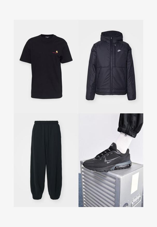 Zwarte, gewatteerde Nike-jas met een voorkant met ritssluiting en capuchon. Kenmerkt zich door een wit logo op de linkerborst en dubbele frontzakken. Gladde buitenkant.; Zwarte katoenen t-shirt met korte mouwen, ronde hals en klein kleurrijk logo op de linker borst. Klassieke snit met een zachte textuur.; Zwarte, elastiche sweatpants met een losse pasvorm, manchetten aan de enkels, een zachte textuur en zonder zichtbare patronen of hardwareaccenten.; Nike Sportswear PULSE - Sneakers laag - black/anthracite