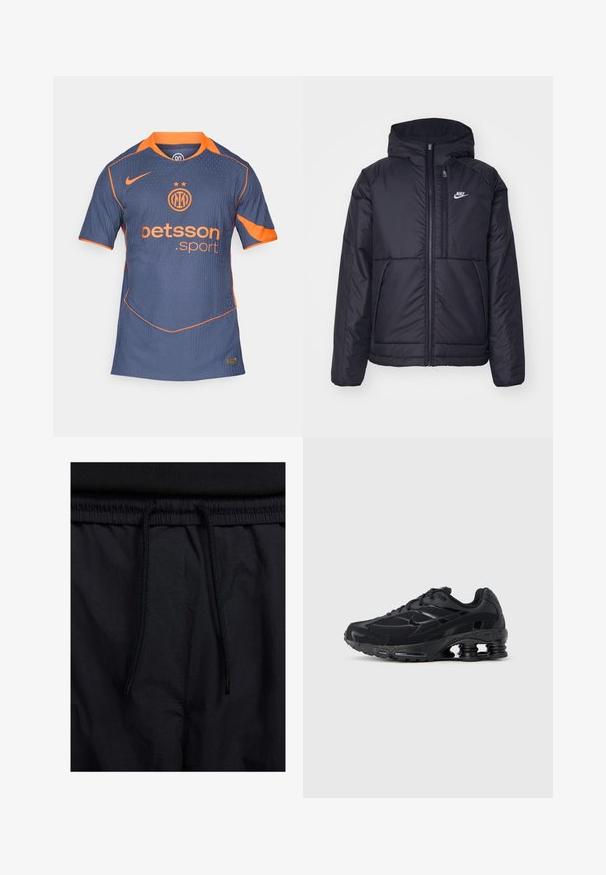 Black, padded Nike jacket with a front zipper and hood. Features a white logo on the left chest and dual front pockets. Smooth exterior texture.; Navy blue sports jersey with orange accents. Features vertical stripes, round neckline, and short sleeves. Logo and sponsor prominently displayed.; Black shorts featuring a drawstring waistband, lightweight fabric with a smooth texture, and a simple design without visible logos or patterns.; Black athletic shoe with a mesh upper, padded collar, and prominent cushioning technology at the heel. Features textured accents and laces.