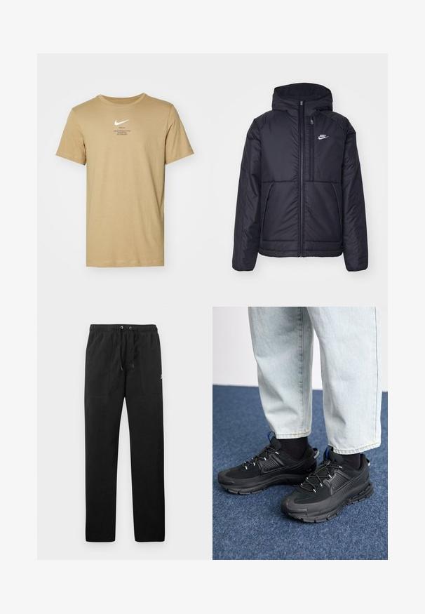 Jachetă Nike neagră, căptușită, cu fermoar pe față și glugă. Prezintă un logo alb pe pieptul stâng și două buzunare frontale. Textură exterioară netedă.; Tricou bej cu mânecă scurtă, fabricat din bumbac. Are un logo Nike alb și text imprimat în negru. Guler rotund, croială lejeră și lungime standard.; Pantaloni de trening negri din fleece, cu talie elastică și șnururi, două buzunare frontale și un logo mic pe coapsă.; Pantofi sport negri, cu țesătură texturată și tălpi din cauciuc, având șireturi elastice și un accent albastru pe toc. Purtați cu pantaloni din denim deschis.