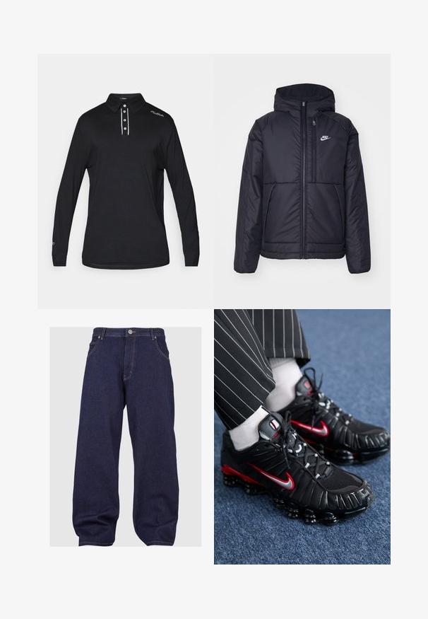 Crna Nike jakna s podstavom, dugmadi sprijeda i kapuljačom. Ima bijeli logotip na lijevoj strani prsnog koša i dva prednja džepa. Glatka vanjska tekstura.; Crna polo majica dugih rukava napravljena od glatkog materijala, s kragnom, placketom sa tri dugmeta i bijelim akcentima na placketu i ramenu.; Tamno plave traperice s opuštenim krojem, s gumbom za zatvaranje, pet džepova i kontrastnim šavovima.; Crne atletske cipele s crvenim i srebrnim detaljima, mrežastim i teksturiranim sintetičkim materijalima, vezni dizajn i vidljiva podstava.