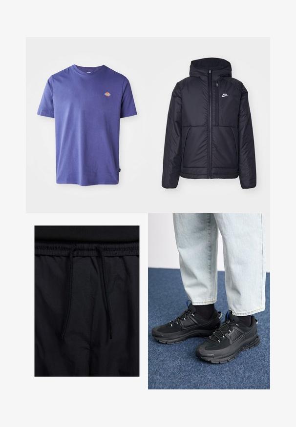 Svart, polstret Nike-jakke med frontglidelås og hette. Har en hvit logo på venstre bryst og doble frontlommer. Glatt ytterside.; Lilla bomull T-skjorte med rund hals og korte ermer. Har et lite logo på brystet. Jevn tekstur, uformell passform.; Sorte shorts med snor i livet, lett stoff med en jevn tekstur, og et enkelt design uten synlige logoer eller mønstre.; Svarte sportssko med teksturert stoff og gummisåler, med elastiske lisser og en blå detalj på hælen. Brukt med lyse denimbukser.