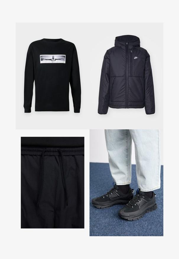 Svart, polstret Nike-jakke med frontglidelås og hette. Har en hvit logo på venstre bryst og doble frontlommer. Glatt ytterside.; Svart langermet t-skjorte med frontgrafikk som viser en figur i et svart-hvitt bilde med utstrakte armer; rund hals-design.; Sorte shorts med snor i livet, lett stoff med en jevn tekstur, og et enkelt design uten synlige logoer eller mønstre.; Svarte sportssko med teksturert stoff og gummisåler, med elastiske lisser og en blå detalj på hælen. Brukt med lyse denimbukser.