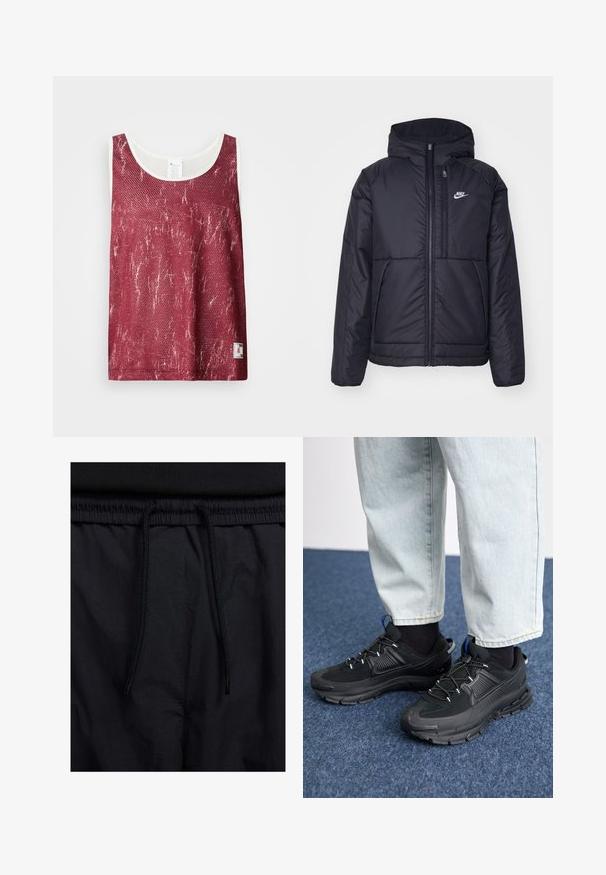 Jachetă Nike neagră, căptușită, cu fermoar pe față și glugă. Prezintă un logo alb pe pieptul stâng și două buzunare frontale. Textură exterioară netedă.; Top din plasă roșie, cu un model ușor decolorat și uzat. Dispune de o margine albă la decolteu și la brațe, și o etichetă mică cu logo în partea de jos.; Șorturi negre cu un brâu reglabil, dintr-un material ușor cu o textură netedă și un design simplu, fără logo-uri sau modele vizibile.; Pantofi sport negri, cu țesătură texturată și tălpi din cauciuc, având șireturi elastice și un accent albastru pe toc. Purtați cu pantaloni din denim deschis.