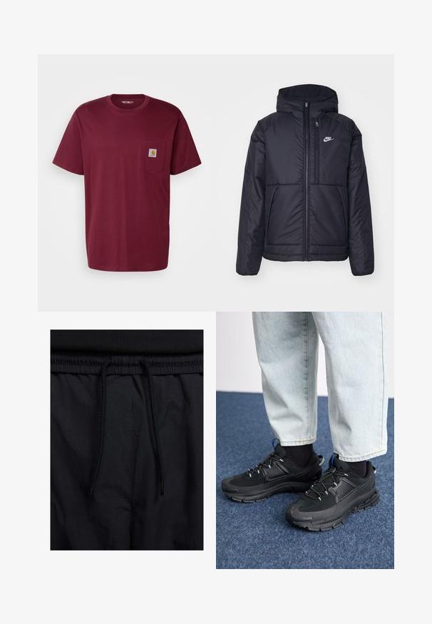 Casaco Nike preto, acolchoado, com fecho à frente e capuz. Apresenta um logo branco no lado esquerdo do peito e dois bolsos frontais. Textura exterior lisa.; Carhartt WIP POCKET - T-shirt básica - malbec; Calções pretos com um cós elástico ajustável, fabricados em tecido leve com uma textura suave e um design simples, sem logótipos ou padrões visíveis.; Sapatilhas desportivas pretas com tecido texturizado e solas em borracha, apresentando atacadores elásticos e um detalhe azul no calcanhar. Usadas com calças de ganga claras.
