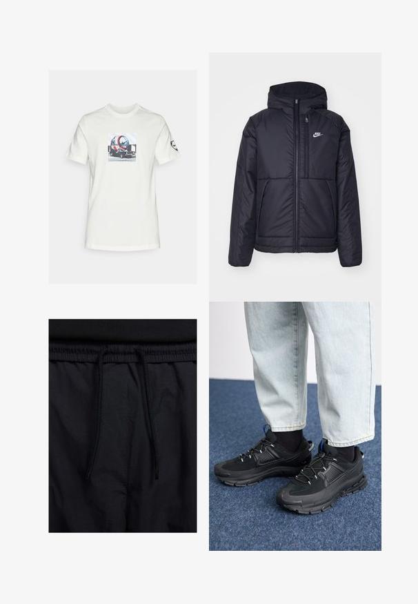 Svart, polstret Nike-jakke med frontglidelås og hette. Har en hvit logo på venstre bryst og doble frontlommer. Glatt ytterside.; Hvit bomull t-skjorte med grafisk trykk av et futuristisk kjøretøy med sirkulært design, vist mot en lyseblå geometrisk bakgrunn.; Sorte shorts med snor i livet, lett stoff med en jevn tekstur, og et enkelt design uten synlige logoer eller mønstre.; Svarte sportssko med teksturert stoff og gummisåler, med elastiske lisser og en blå detalj på hælen. Brukt med lyse denimbukser.