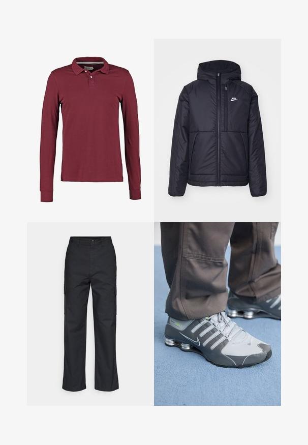 Črna, podložena Nike jakna z sprednjim zadrgo in kapuco. Ima bel logo na levem prsnem delu in dvojna sprednja žepa. Gladka zunanja tekstura.; Polo majica z dolgimi rokavi v burgundski barvi, ki ima klasičen ovratnik, zapenjanje na dva gumbka in stranske razpoke za lažje gibanje. Gladek bombažni material.; Črne cargo hlače s ravnim krojem, ki imajo stranske žepke in teksturirano tkanino. Zapenjanje na gumb pri pasu za varen oprijem.; Sive in srebrne Nike Shox teniske imajo eleganten dizajn, z mrežastimi in sintetičnimi materiali, zaobljenim nosom in oblazinjenim ovratnikom.