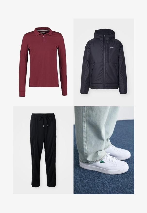Μαύρο, επενδυμένο μπουφάν Nike με μπροστινό φερμουάρ και κουκούλα. Διαθέτει λευκό λογότυπο στο αριστερό στήθος και διπλές μπροστινές τσέπες. Λείο εξωτερικό υλικό.; Μακρυμάνικη πόλο μπλούζα σε μπορντό, με κλασικό γιακά, δύο κουμπιά και πλευρικές σχισμές για ευκολία κινήσεων. Απαλή υφή βαμβακερού υφάσματος.; Μαύρο παντελόνι casual με ρυθμιζόμενη μέση και πλευρικές τσέπες, κανονική γραμμή σε απλό φόντο.; Λευκά δερμάτινα sneakers με πράσινο λογότυπο Nike, στρογγυλή μύτη, επίπεδη σόλα, συνδυασμένα με ανοιχτό μπλε τζην παντελόνι, τοποθετημένα σε μπλε χαλί.
