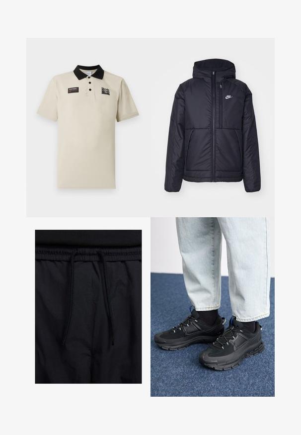 Črna, podložena Nike jakna z sprednjim zadrgo in kapuco. Ima bel logo na levem prsnem delu in dvojna sprednja žepa. Gladka zunanja tekstura.; Bežna polo majica iz gladkega materiala, z črnim ovratnikom, tremi gumbi in grafičnim oznako na levi prsni strani v črni in rdeči barvi.; Črne kratke hlače z vrvico v pasu, lahkotna tkanina z gladko teksturo in preprosto zasnovo brez vidnih logotipov ali vzorcev.; Črne športne čevlje z teksturirano tkanino in gumijastimi podplati, ki imajo elastične vezalke ter modre poudarke na peti. Nosi se z lahkimi denim hlačami.