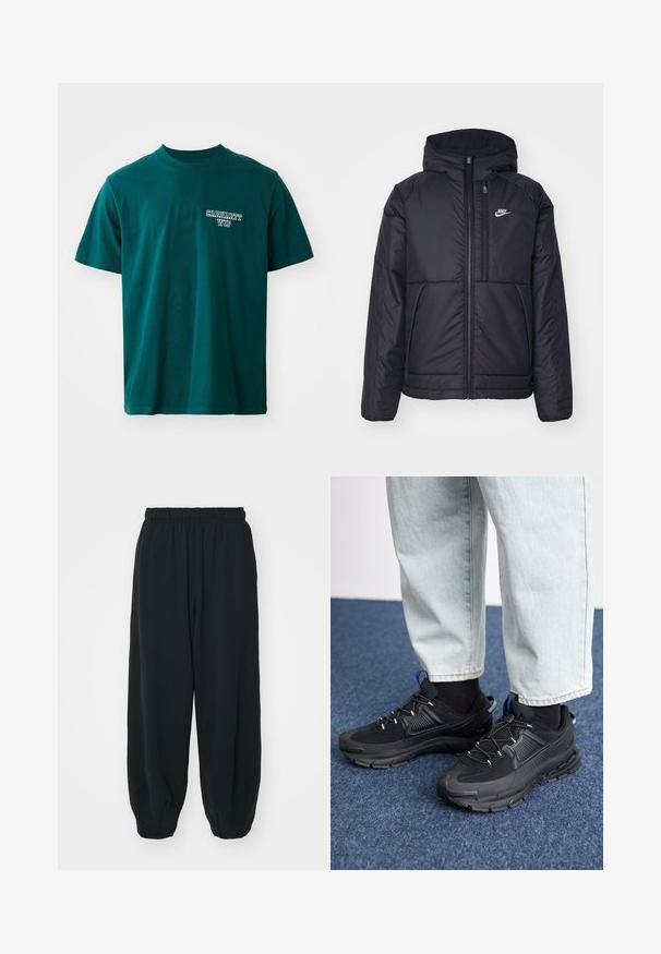 Crna Nike jakna s podstavom, dugmadi sprijeda i kapuljačom. Ima bijeli logotip na lijevoj strani prsnog koša i dva prednja džepa. Glatka vanjska tekstura.; Tirkizna pamučna majica s kratkim rukavima i okruglim izrezom. Sadrži bijeli "Carhartt WIP" logo na lijevoj strani prsa. Jednostavan dizajn, ravni kroj.; Crne, dukserice s elastičnim strukom, širokog kroja, s manžetama na gležnjevima, glatke teksture i bez vidljivih uzoraka ili metalnih detalja.; Crne atletske cipele s teksturiranom tkaninom i gumene potplate, s elastičnim vezicama i plavim akcentom na peti. Nosene su s svijetlim trapericama.