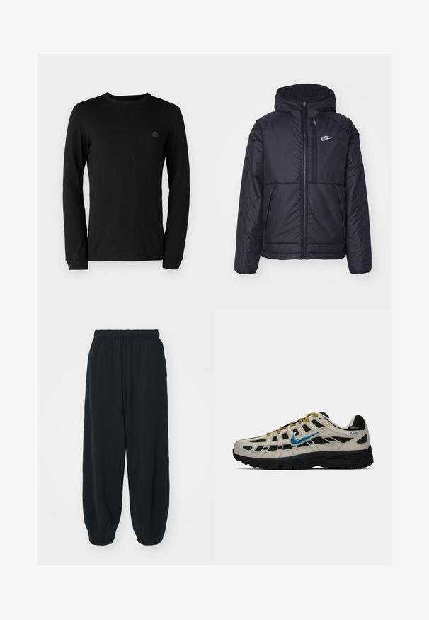 Musta, pehmustettu Nike-takki, jossa on etuvetoketju ja huppu. Vasemmassa rinnassa on valkoinen logo ja takissa on kaksinkertaiset etutaskut. Pintakoe on sileä.; Musta pitkähihaine t-paita, joka on valmistettu pehmeästä puuvillasta. Paita on varustettu pyöreällä kaula-aukolla ja siinä on huomaamaton logo rinnassa. Hihansuut ovat tavalliset.; Mustat, elastisella vyötäröllä varustetut collegehousut, joissa on löysä istuvuus, cuffattu lahje, sileä pinta ja ilman näkyviä kuvioita tai varusteita.; Beige ja must Nike P-6000 tennisjalanik kollasele sirmusele, kollased paelad, must tall ja Cordura kangas silt kandadel.