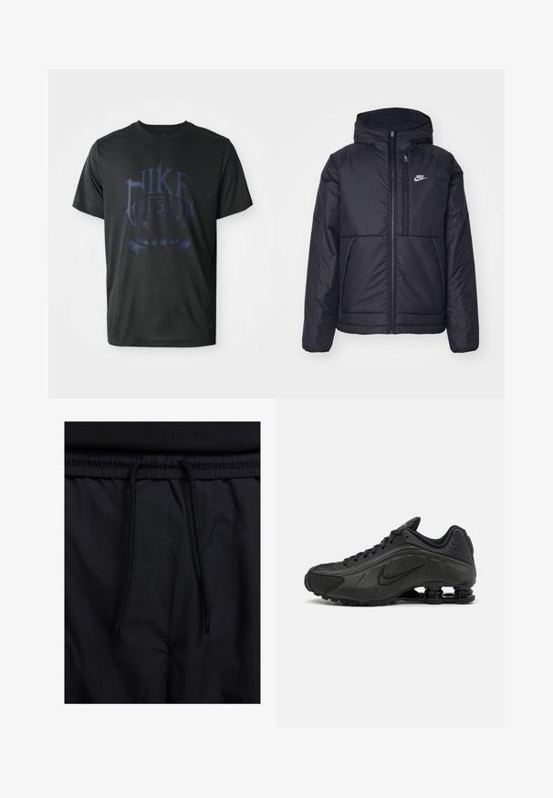 Must musta Nike jope, millel on ees lukuga avamine ja kapuuts. Vasakpoolne rind on kaunistatud valge logoga ning ees on kaks taskut. Sile välimine tekstuur.; Must värvi Nike korvpallipaita, millel on suur sinine logo stiil, ümmargune kaelus, lühikesed varrukad ja kerge kangas.; Mustad lühikesed püksid, millel on paelaga vöökoht, kerge kangas, mis on sileda tekstuuriga ning lihtne disain ilma nähtavate logode või mustriteta.; Mustad mustat jooksujalad, millel on sile sünteetiline ülemus, perforatsioonid, tekstureeritud külgpaneelid ja eristuv elastne tall.