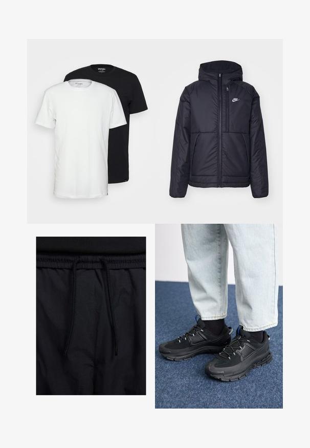 Juodas, paminkštintas Nike džemperis su priekyje užtrauktuku ir gobtuvu. Pasižymi balta logo kairėje krūtinės pusėje ir dviem priekinėmis kišenėmis. Su lygiu išoriniu paviršiumi.; Dviejų marškinėlių rinkinys: vienas baltas ir vienas juodas. Abu turi apvalias apykakles ir trumpas rankoves, pagaminti iš minkštos medvilnės medžiagos.; Juodos šortai su raišteliu juosmens srityje, lengva medžiaga su lygiu paviršiumi ir paprastas dizainas be matomų logotipų ar raštų.; Juodi sportiniai bateliai su tekstūruota medžiaga ir guminiais padais, su elastingomis raišteliais ir mėlynu akcentu ant kulno. Dėvimi su šviesiai mėlynomis džinsinėmis kelnėmis.