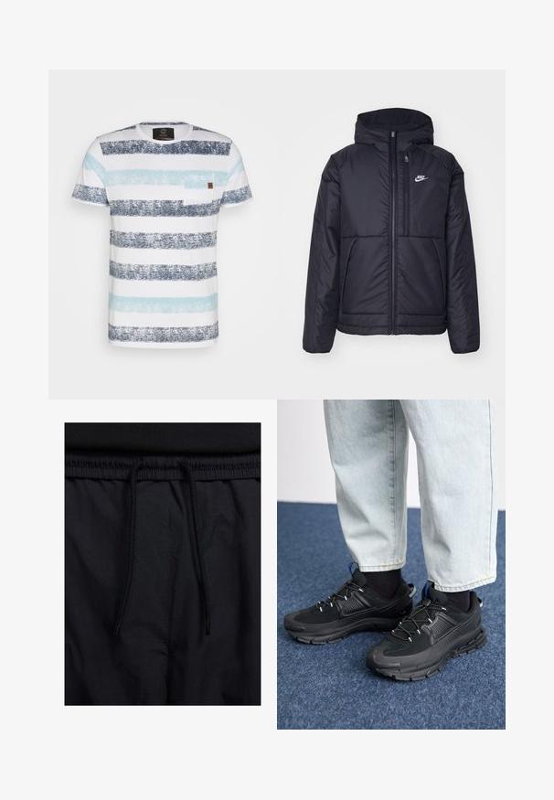 Crna Nike jakna s podstavom, dugmadi sprijeda i kapuljačom. Ima bijeli logotip na lijevoj strani prsnog koša i dva prednja džepa. Glatka vanjska tekstura.; Prugasta majica s horizontalnim trakama u tamnoplavoj, svijetloplavoj i bijeloj boji. Ima mali džep na prsima i mekan pamuk.; Crne kratke hlače s pojasom na vezanje, lagani materijal s glatkom teksturom i jednostavan dizajn bez vidljivih logotipa ili uzoraka.; Crne atletske cipele s teksturiranom tkaninom i gumene potplate, s elastičnim vezicama i plavim akcentom na peti. Nosene su s svijetlim trapericama.
