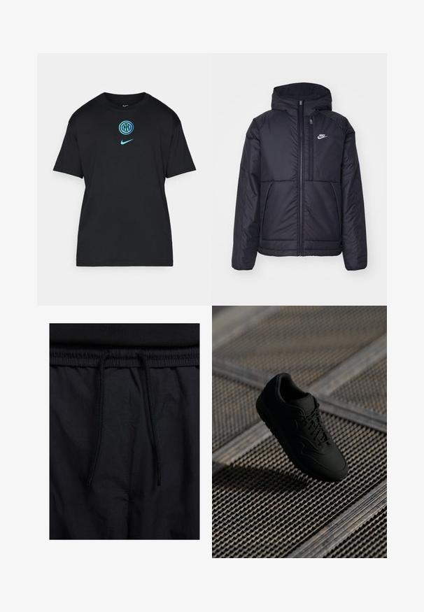 Zwarte, gewatteerde Nike-jas met een voorkant met ritssluiting en capuchon. Kenmerkt zich door een wit logo op de linkerborst en dubbele frontzakken. Gladde buitenkant.; Zwarte katoenen T-shirt met een turquoise grafisch logo in het midden en een kleiner Nike-logo op de linkerborst. Korte mouwen, ontspannen pasvorm.; Zwarte shorts met een drawstring tailleband, lichtgewicht stof met een zachte textuur en een eenvoudig ontwerp zonder zichtbare logo's of patronen.; Zwarte sneaker met een gladde textuur, ronde neus, vetersluiting aan de voorkant en subtiele branding. Weergegeven tegen een gestructureerde, industriële achtergrond.