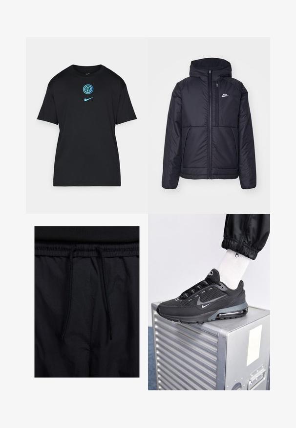 Schwarze, gepolsterte Nike-Jacke mit Frontreißverschluss und Kapuze. Hat ein weißes Logo auf der linken Brust und zwei Fronttaschen. Glattes äußeres Material.; Schwarzes Baumwoll-T-Shirt mit einem türkisfarbenen Grafiklogo in der Mitte und einem kleineren Nike-Logo auf der linken Brust. Kurze Ärmel, lockere Passform.; Schwarze Shorts mit einem Kordelzugbund, leichtem Stoff mit glatter Textur und einem schlichten Design ohne sichtbare Logos oder Muster.; Nike Sportswear PULSE - Sneaker low - black/anthracite