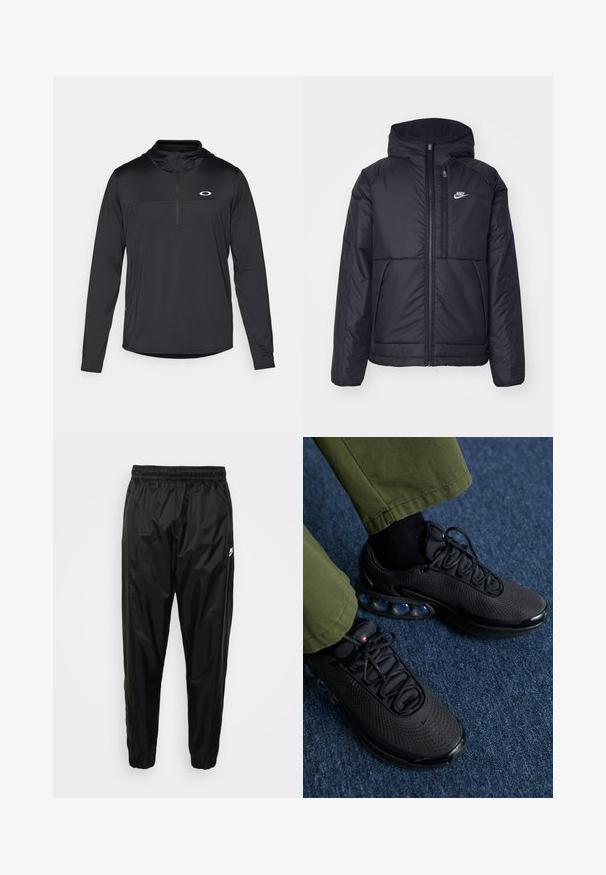 Schwarze, gepolsterte Nike-Jacke mit Frontreißverschluss und Kapuze. Hat ein weißes Logo auf der linken Brust und zwei Fronttaschen. Glattes äußeres Material.; Schwarzer Langarm-Pullover mit Kapuze, ausgestattet mit einem Viertelreißverschluss und einem dezenten Logo auf der Brust, aus leichtem, atmungsaktivem Material.; Schwarze Jogginghose aus leichtem, glänzendem Material mit elastischem Bund, schmalem Schnitt und Reißverschlusstaschen. Mit einem Logoakzent.; Schwarze Sportschuhe mit einem Obermaterial aus Mesh, strukturiertem Oberflächenmaterial und sichtbaren Luftpolsterkissen. Kombiniert mit olivgrünen Hosen und schwarzen Socken.