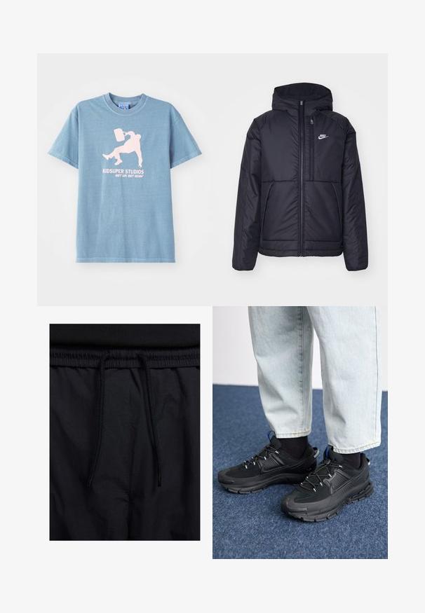 Fekete, párnázott Nike dzseki elülső cipzárral és kapucnival. A bal mellen fehér logó található, valamint két elülső zseb. Simának tűnő külső felület.; Világos kék pamut póló, kerek nyakkivágással, rövid ujjal és rózsaszín nyomott grafikával, amelyen egy személy egy vödröt tart.; Fekete rövidnadrág, húzózsinórral ellátott derékrésszel, könnyű anyagból, sima felszínen, egyszerű dizájnnal, látható logók vagy minták nélkül.; Fekete sportcipők texturált anyaggal és gumitalppal, elasztikus fűzőkkel és kék kiegészítővel a saroknál. Világos farmernadrággal viselve.