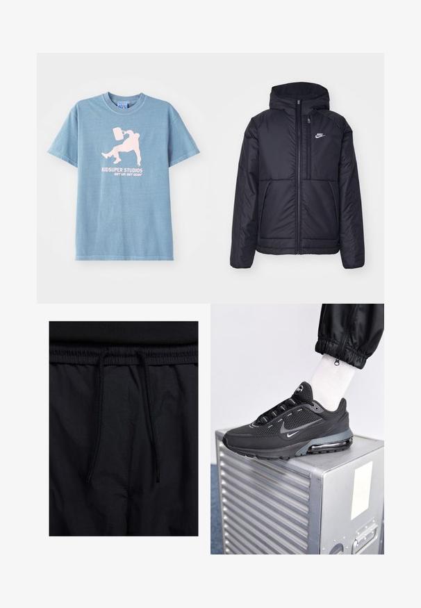 Black, padded Nike jacket with a front zipper and hood. Features a white logo on the left chest and dual front pockets. Smooth exterior texture.; Light blue cotton t-shirt with a crew neckline, short sleeves, and a printed graphic in pink featuring a person holding a bucket.; Black shorts featuring a drawstring waistband, lightweight fabric with a smooth texture, and a simple design without visible logos or patterns.; Nike Sportswear PULSE - Trainers - black/anthracite