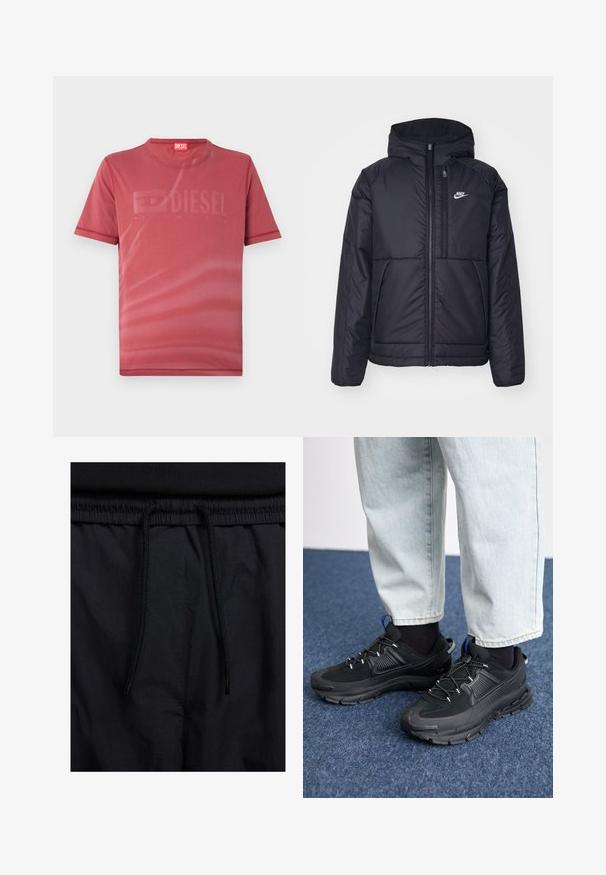 Casaco Nike preto, acolchoado, com fecho à frente e capuz. Apresenta um logo branco no lado esquerdo do peito e dois bolsos frontais. Textura exterior lisa.; T-shirt curto vermelho em tecido suave, com um sutil logotipo em relevo "DIESEL" na frente. Gola redonda e costuras. ; Calções pretos com um cós elástico ajustável, fabricados em tecido leve com uma textura suave e um design simples, sem logótipos ou padrões visíveis.; Sapatilhas desportivas pretas com tecido texturizado e solas em borracha, apresentando atacadores elásticos e um detalhe azul no calcanhar. Usadas com calças de ganga claras.