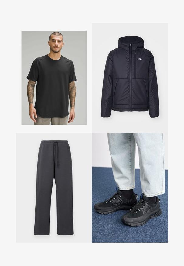 Must musta Nike jope, millel on ees lukuga avamine ja kapuuts. Vasakpoolne rind on kaunistatud valge logoga ning ees on kaks taskut. Sile välimine tekstuur.; Must have lühikeste varrukatega must sportlik T-särk, ümmarguse kaelusega, tekstuurse kangaga ja raglaanvarrukatega, kantud tätoveeringutega mudeli poolt.; Halli dressipüksid nööriga vöökohas, valmistatud pehmest kangast. Lai jalgade lõige külgõmblustega, minimaalsed detailid ja ilma nähtavate mustriteta.; Mustad mustad jooksukingad, millel on tekstureeritud kangas ja kummist tallad, elastsed nöörid ning sinine aksent kandadel. Kandmine heledate teksadega.