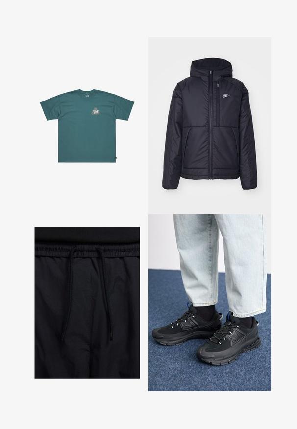 Čierna, polstrovaná bunda Nike so zipsom vpredu a kapucňou. Na ľavej strane hrude sa nachádza biele logo a sú tu dva predné vrecká. Hladký vonkajší povrch.; Morská bavlnená tričko s krátkymi rukávmi a voľným strihom. Obsahuje trojuholníkovú grafiku s farebným dizajnom a názvom značky na hrudi.; Čierne šortky s pásom na stiahnutie, z ľahkej látky s hladkou textúrou a jednoduchým dizajnom bez viditeľných log alebo vzorov.; Čierne športové topánky s textúrovanou tkaninou a gumovou podrážkou, so elastickými šnúrkami a modrým akcentom na päte. Nosia sa s svetlými riflami.