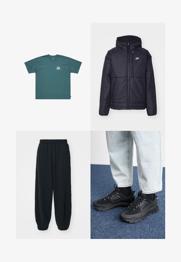 Svart, polstret Nike-jakke med frontglidelås og hette. Har en hvit logo på venstre bryst og doble frontlommer. Glatt ytterside.; Teal bomulls t-skjorte med korte ermer og løs passform. Har et trekantet grafisk design med fargerik utforming og merkenavn på brystet.; Sorte, joggebukser med elastisk liv, løs passform, mansjetter på ankler, glatt tekstur og uten synlige mønstre eller hardware-detaljer.; Svarte sportssko med teksturert stoff og gummisåler, med elastiske lisser og en blå detalj på hælen. Brukt med lyse denimbukser.