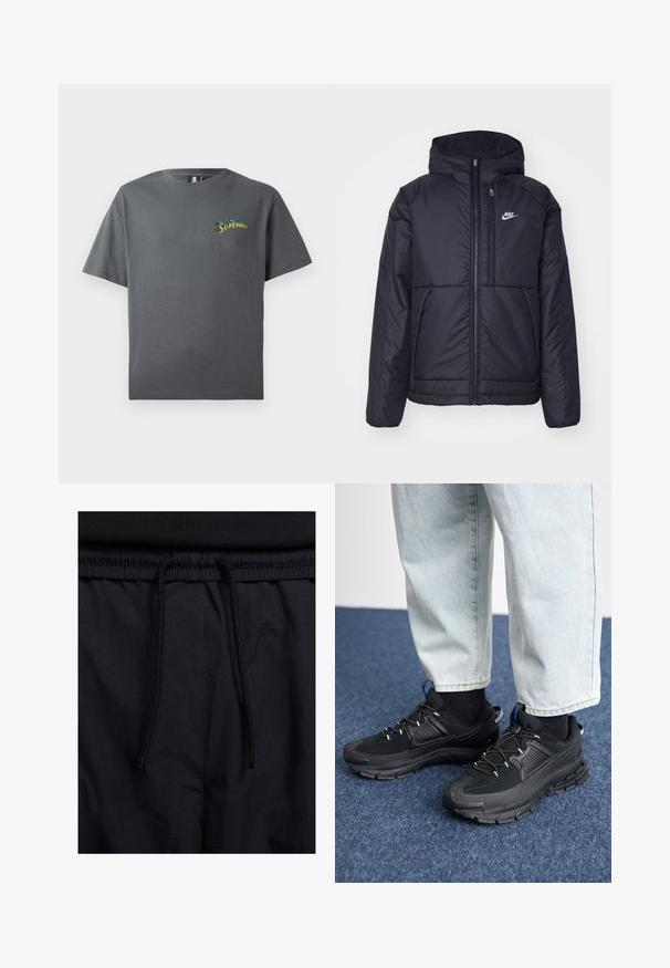 Veste Nike noire rembourrée avec une fermeture éclair sur le devant et une capuche. Elle présente un logo blanc sur la poitrine gauche et deux poches avant. Texture extérieure lisse.; T-shirt en coton gris avec un col rond et des manches courtes. Présente un graphisme "Superman" multicolore sur la partie gauche de la poitrine.; Shorts noirs avec un élastique à cordon de serrage, en tissu léger avec une texture lisse, et un design simple sans logos ni motifs visibles.; Des chaussures de sport noires avec un tissu texturé et des semelles en caoutchouc, dotées de lacets élastiques et d'un accent bleu au talon. Portées avec un pantalon en denim clair.