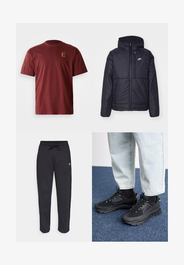 Svart, polstret Nike-jakke med frontglidelås og hette. Har en hvit logo på venstre bryst og doble frontlommer. Glatt ytterside.; Burgunderfarget bomulls-T-skjorte med rund hals og korte ermer. Har en liten, flerfarget logo på venstre brystområde.; Sorte sweatpants laget av mykt stoff med elastisk midjebånd, snøring og en liten Nike-logo på venstre lår.; Svarte sportssko med teksturert stoff og gummisåler, med elastiske lisser og en blå detalj på hælen. Brukt med lyse denimbukser.
