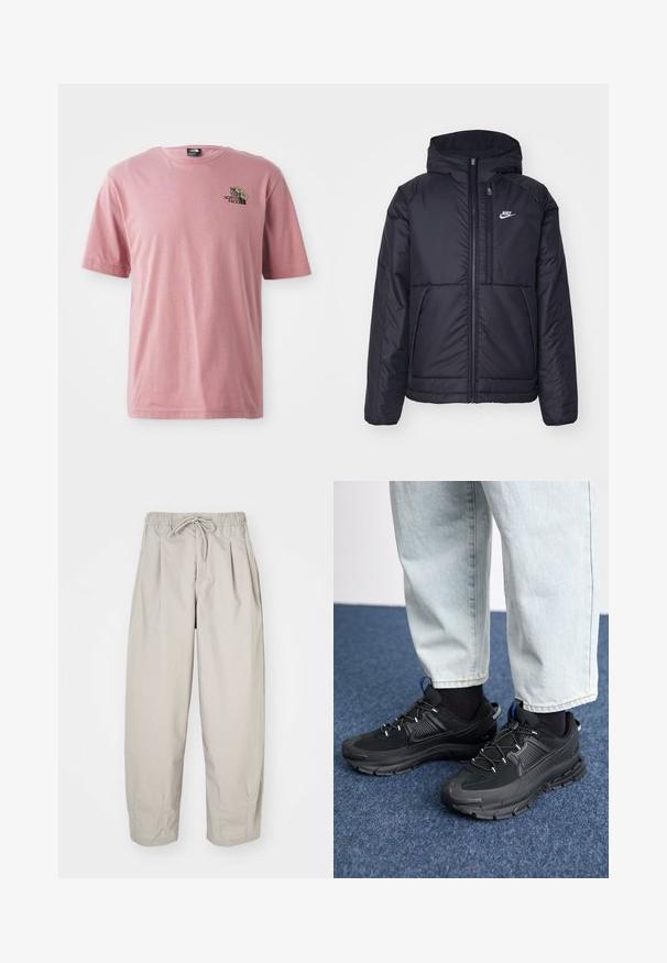 Černá zateplená bunda Nike s předním zipem a kapucí. Na levé straně hrudi má bílé logo a dvojité přední kapsy. Hladký povrch.; Růžové bavlněné tričko s kulatým výstřihem, krátkými rukávy a malým grafickým designem s logem značky na hrudi.; Béžové, lehké kalhoty s elastickým pasem a šňůrkou na stažení. Mají sklady a volný střih, vyrobené z měkké, hladké látky.; Černé sportovní boty s texturovanou tkaninou a gumovou podrážkou, s elastickými tkaničkami a modrým akcentem na patě. Nosí se s světlými džíny.